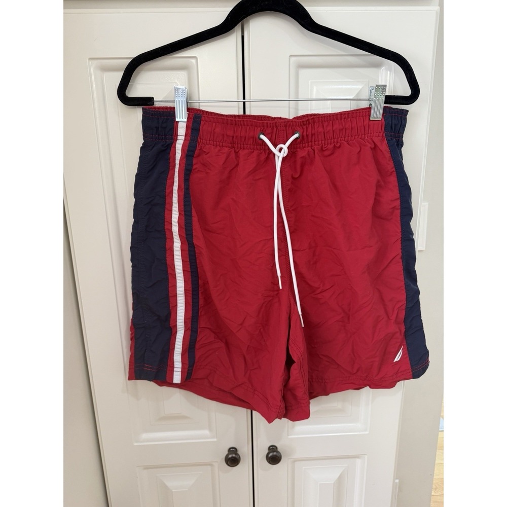 Nautica Mens L Red Swim Trunks Shorts Lined Drawstring Beach Nylon EUC